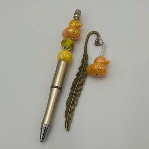 Gold and Yellow Beaded Duck Pen with Feather Bookmark in gift box